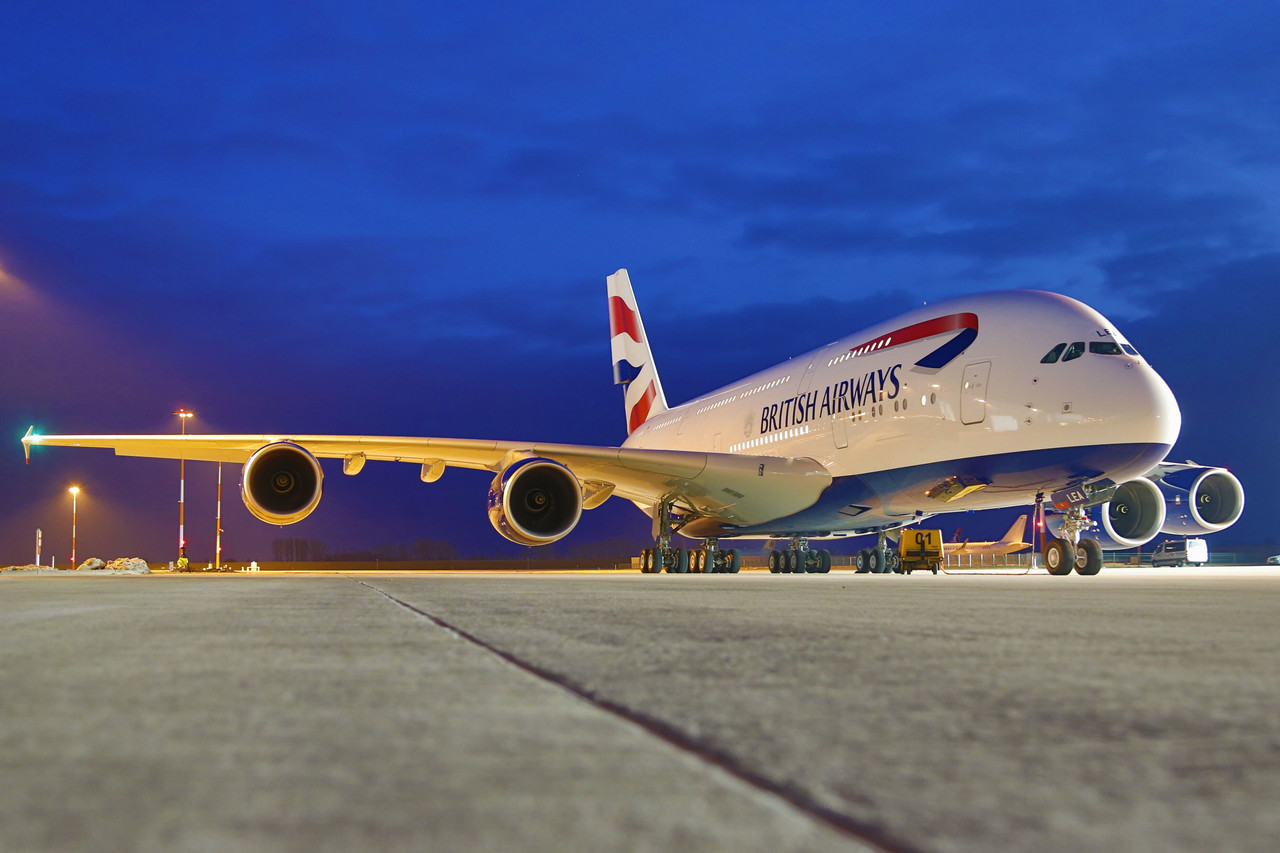 British Airways A380 at night